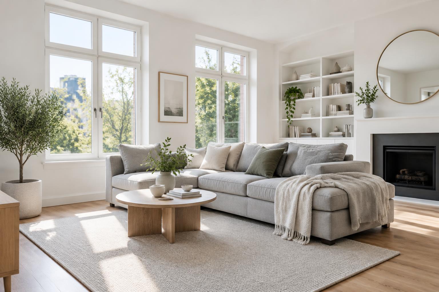 Bright, tidy living room with natural daylight